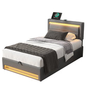Letto imbottito 90x190 cm; USB e LED; con spazio contenitore; PU grigio (Senza materasso)