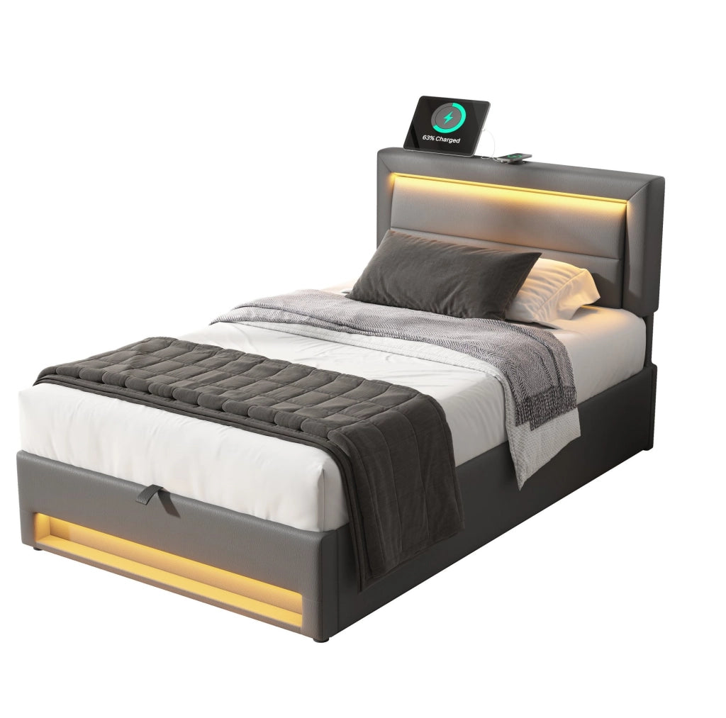 Letto imbottito 90x190 cm; USB e LED; con spazio contenitore; PU grigio (Senza materasso)