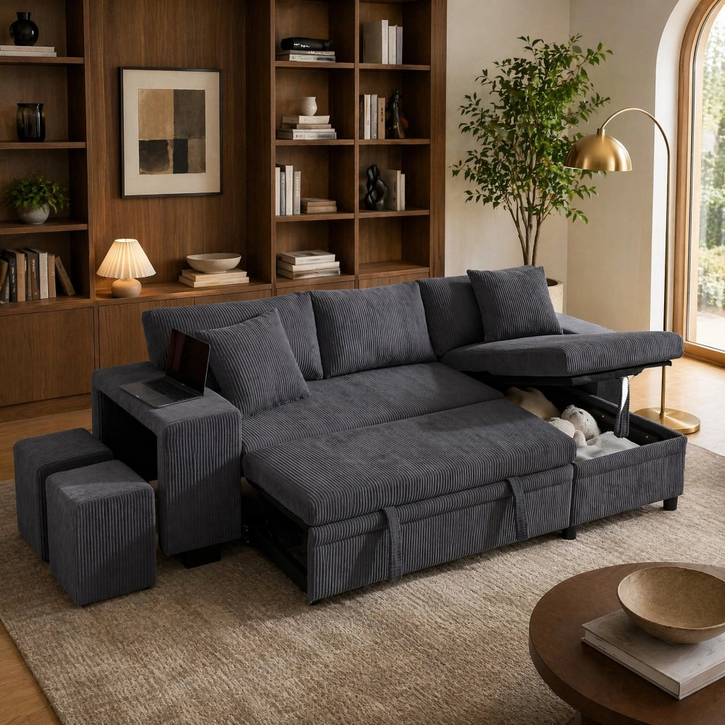 Divano letto angolare 3-4 posti in velluto a coste grigio con contenitore; USB e Type-C