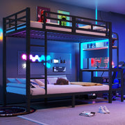 Letto a castello 90x200 cm in metallo e MDF; con scrivania; LED; USB e scala; nero