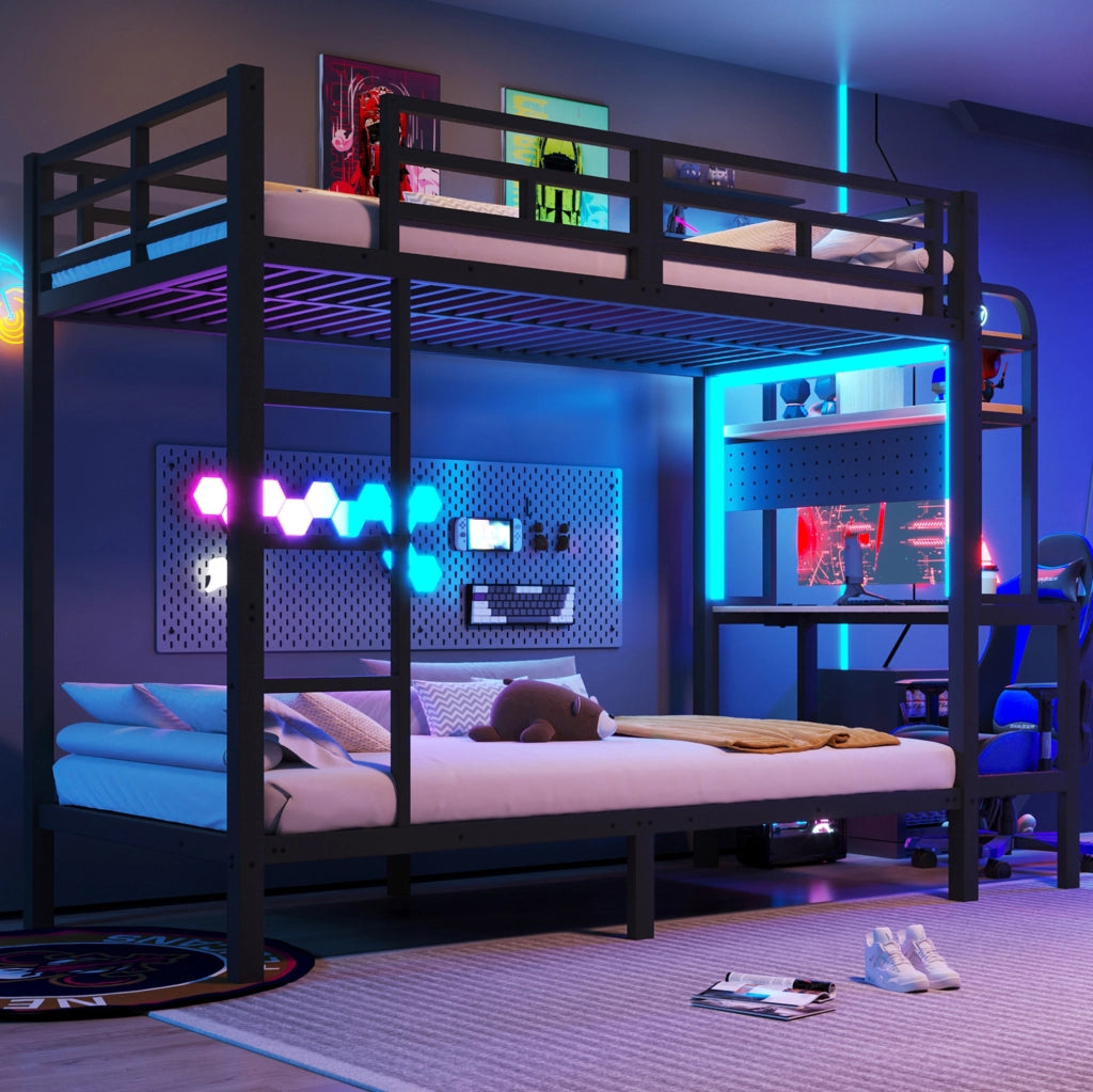 Letto a castello 90x200 cm in metallo e MDF; con scrivania; LED; USB e scala; nero