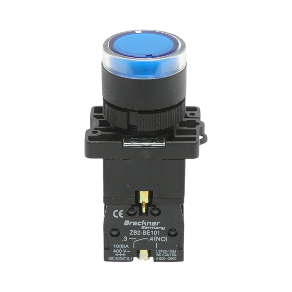Pulsante indicatore LED blu con resistenza integrata 1NO, 220V, LAY5 Breckner Germany