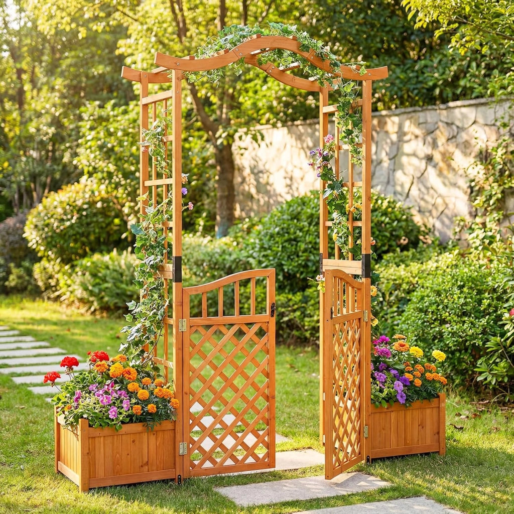 Arco da Giardino con Fioriere, Letto da Giardino Rialzato con Traliccio, Tetto, Fori di Drenaggio, Fondo Rimovibile e Cancelli Chiudibili, Pergolato da Esterno in Legno per Feste e Matrinomio