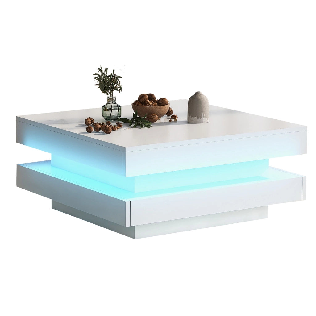 Tavolino basso quadrato lucido con piano girevole a 360° e LED, per soggiorno, bianco, 70 × 70 × 36 cm