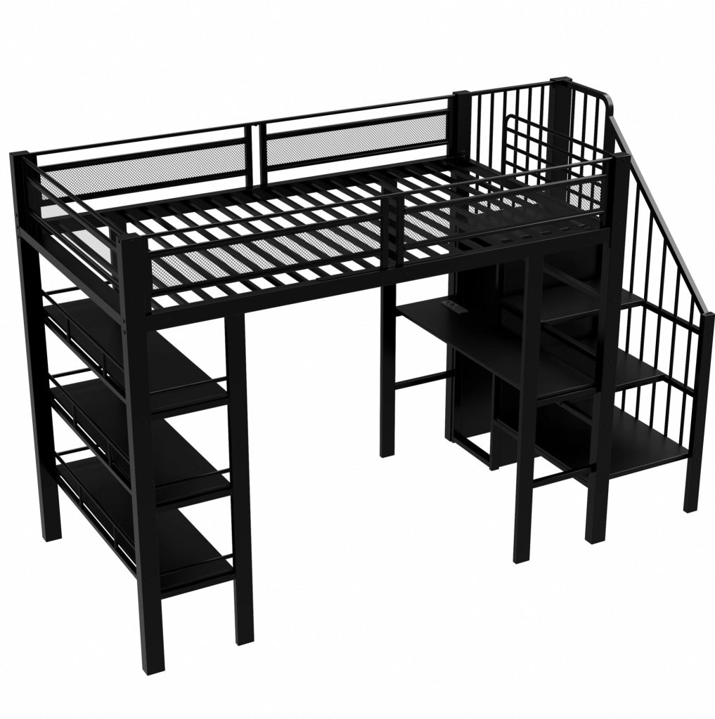 Letto a soppalco 90x200 cm in metallo nero con LED; scrivania; ripiani e armadio integrato