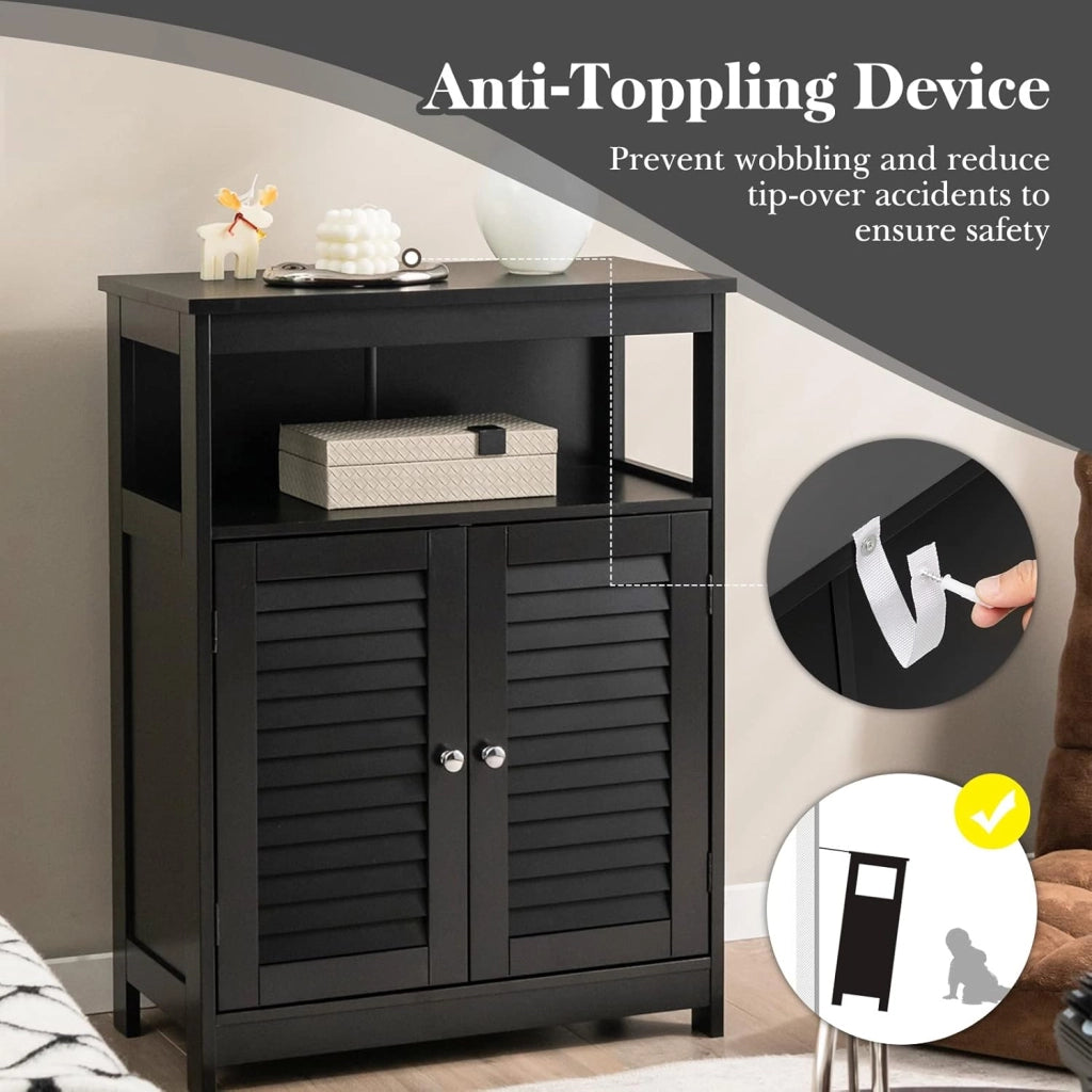Armadietto da bagno, in legno, con ripiano regolabile in altezza, credenza con 2 ante persiane, mobile per bagno, cucina (nero)