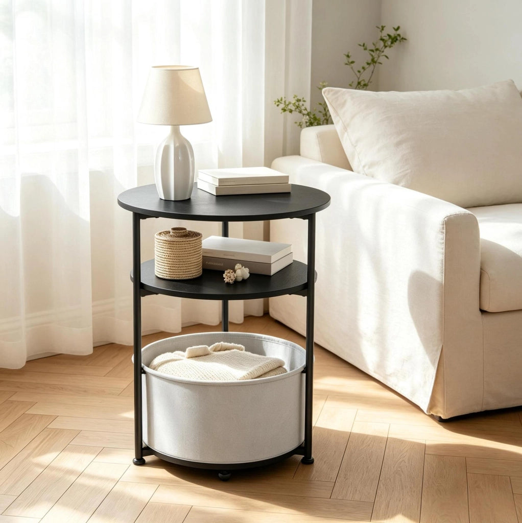 Tavolino rotondo con cesto portaoggetti nero Ø43 x 56 cm