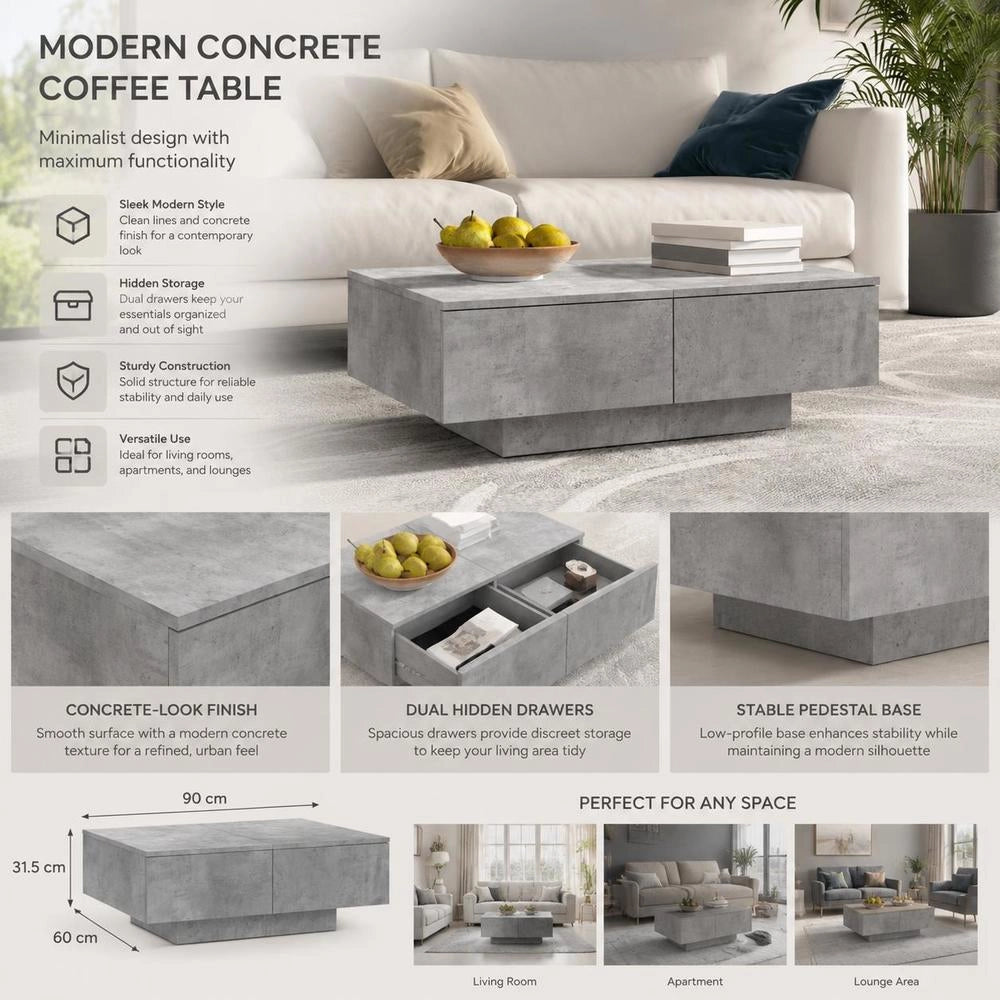 Coffee Table Concrete Grey 90x60x31 Cm Wood Material