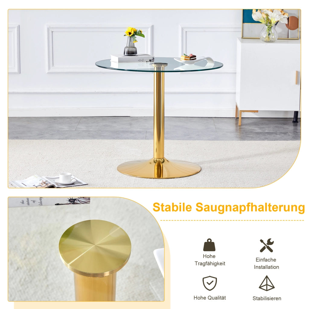 Tavolo da bar in vetro temperato e metallo con base rotonda dorata, per soggiorno e caffè, 85 × 76 cm