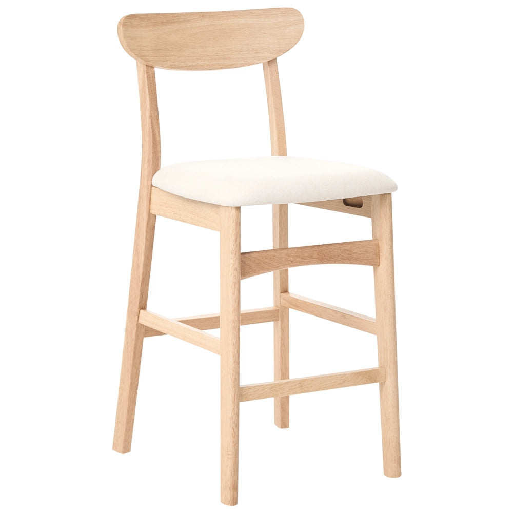 Set di 2 sedie da bar in legno di gomma marrone chiaro e beige chiaro, struttura in legno di gomma, seduta in tessuto, senza braccioli, design retrò