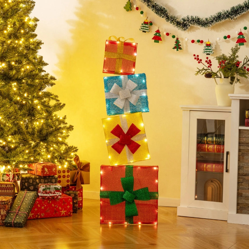 Set di 4 scatole natalizie illuminate con 4 fascette 2 picchetti a forma di L e luce bianca calda-Scatole regalo di natale a LED