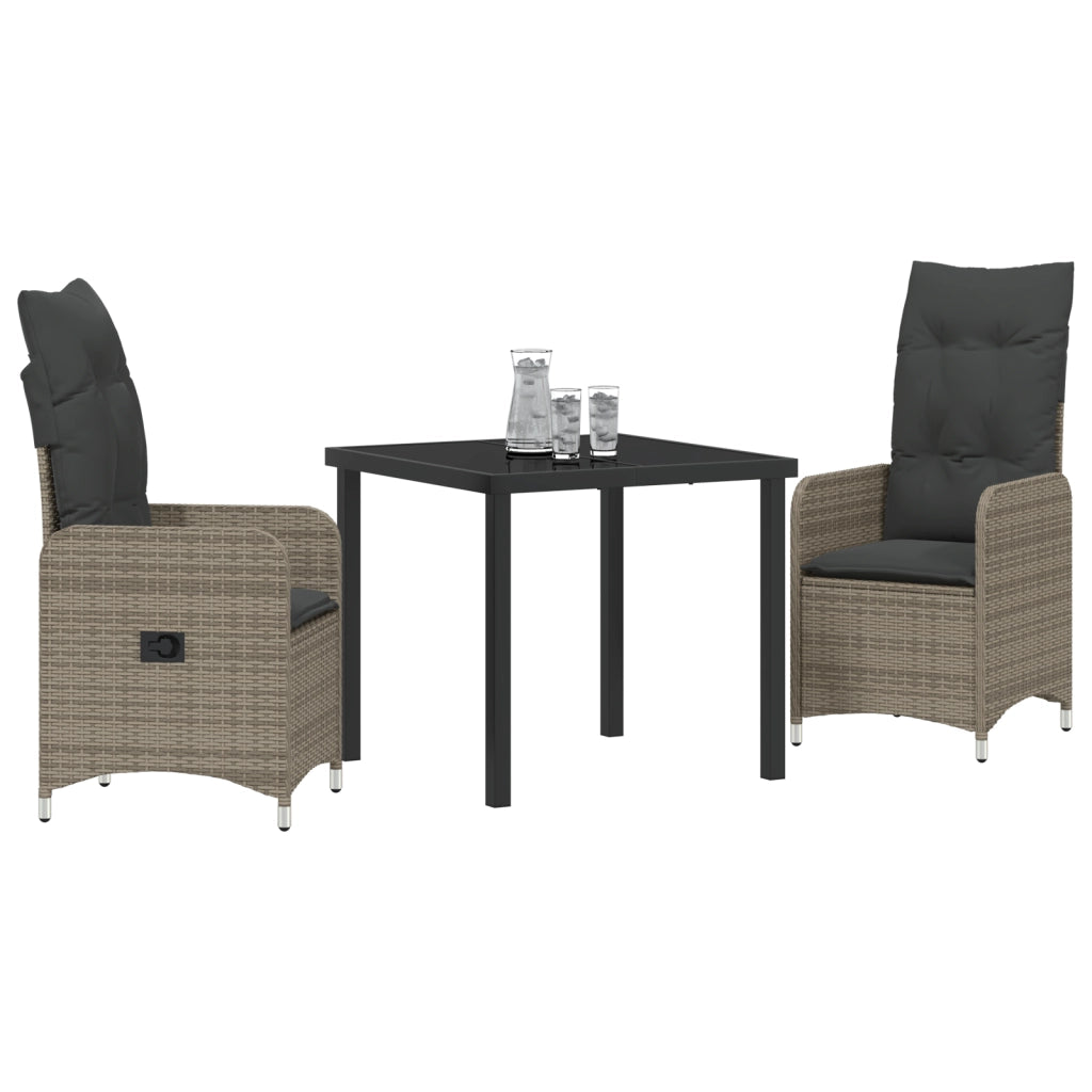 Set da pranzo da giardino di 3 pezzi con cuscini in polyrattan grigio
