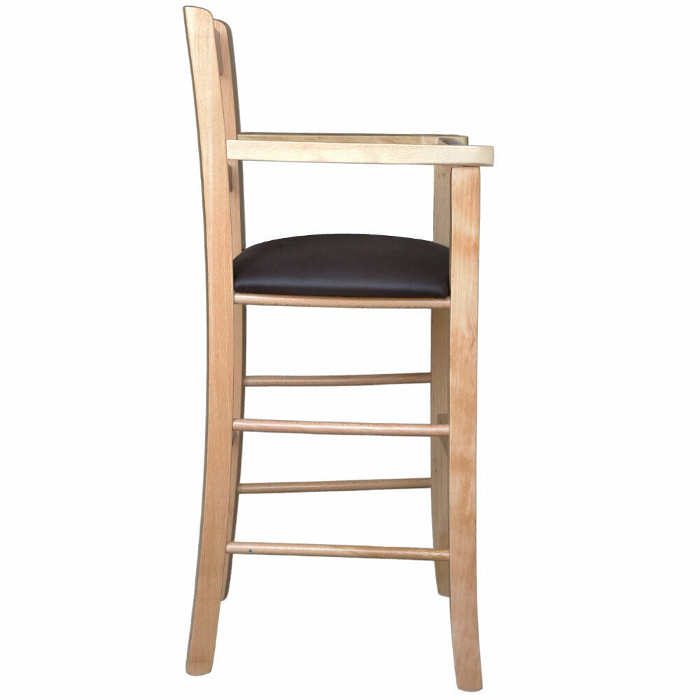 Seggiolone in legno color naturale con seduta imbottita in similpelle marrone