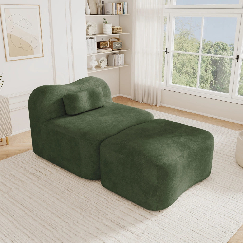 Divano con poggiapiedi ¨C Minimal ¨C verde tessuto morbido cuscini mobili