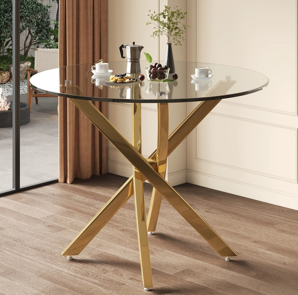 Tavolo rotondo 80x80x75 cm con piano in vetro temperato e gambe incrociate in metallo; oro
