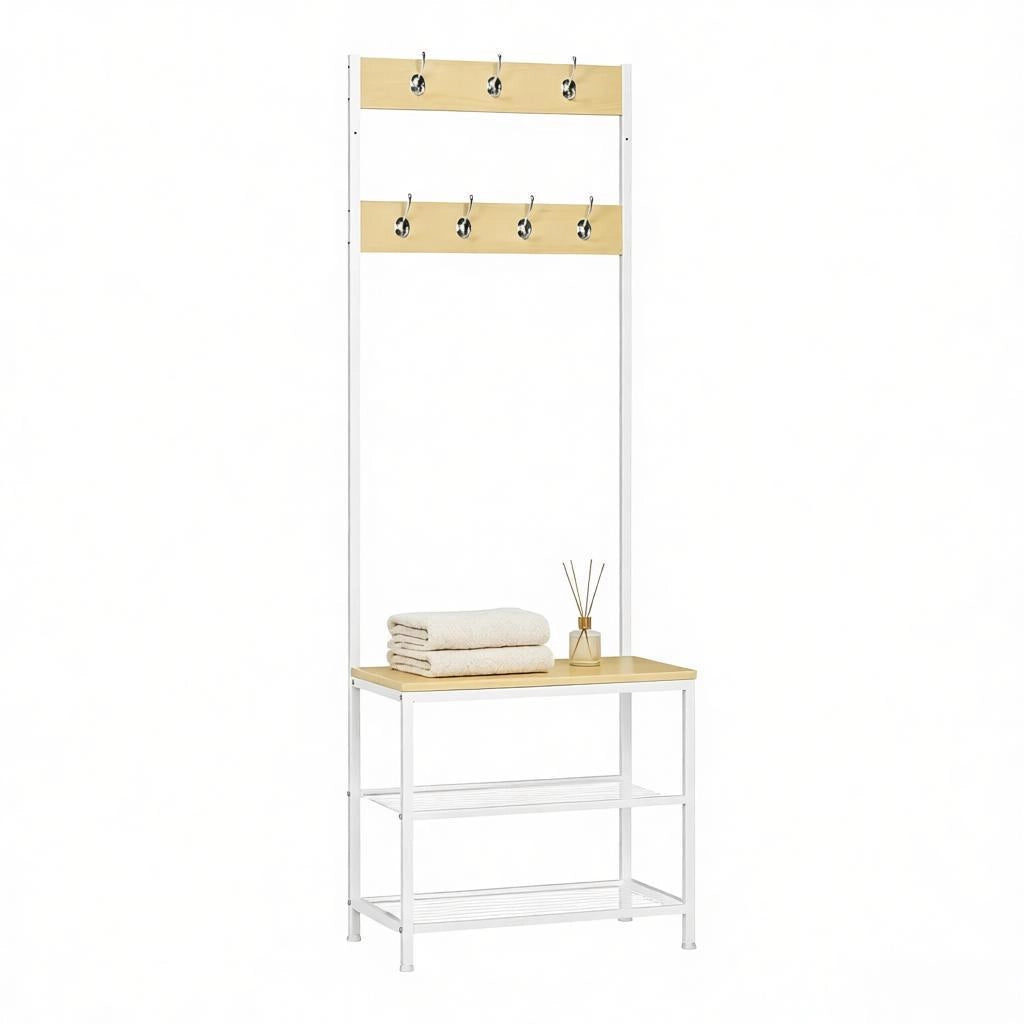 Appendiabiti da ingresso 3 in 1 con scarpiera, panca e 7 ganci, struttura in metallo e legno, bianco