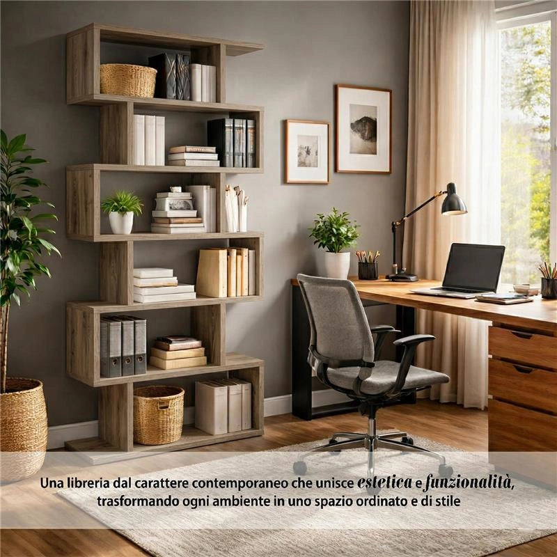LIBRERIA ALANA CON 6 RIPIANI SFALSATI IN DESIGN MODERNO NATURALE 80 X 23,5 X H190,5 CM