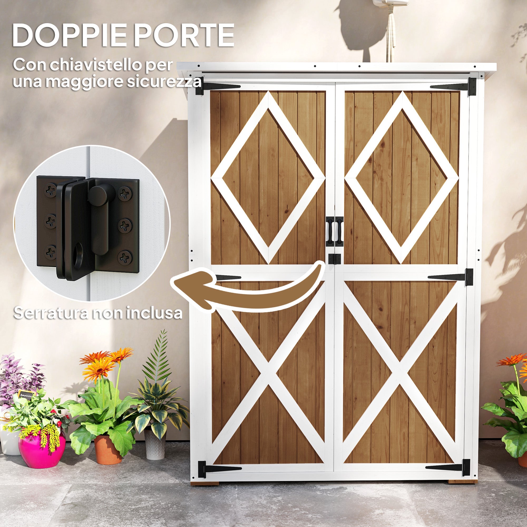 Armadio da Giardino 116,5x57x159-167 cm Tetto in Bitume in Legno di Abete Marrone e Bianco