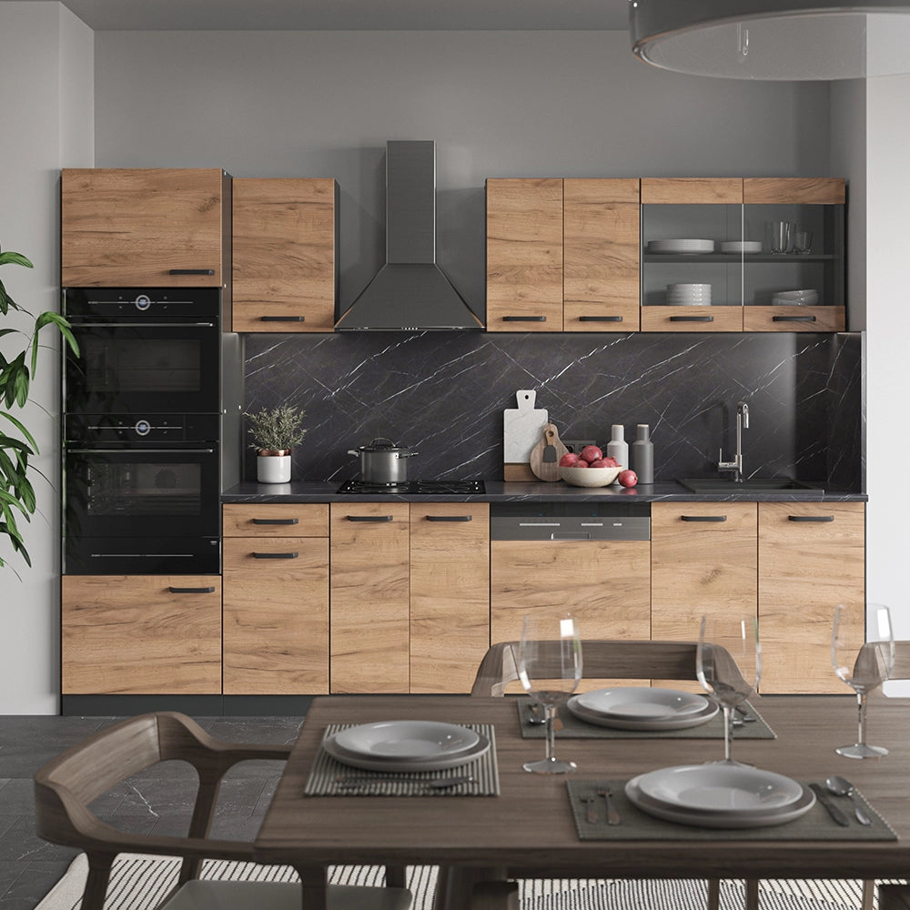 Vicco Cucina componibile Quercia dorata/antracite 300 cm con armadio alto, PL Rovere