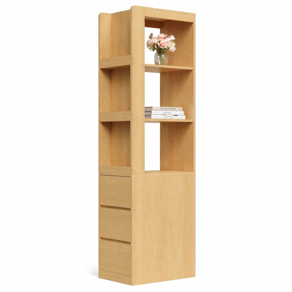 Libreria stretta con 3 vani aperti e 3 cassetti; reversibile con kit antiribaltamento; 60×40×200 cm