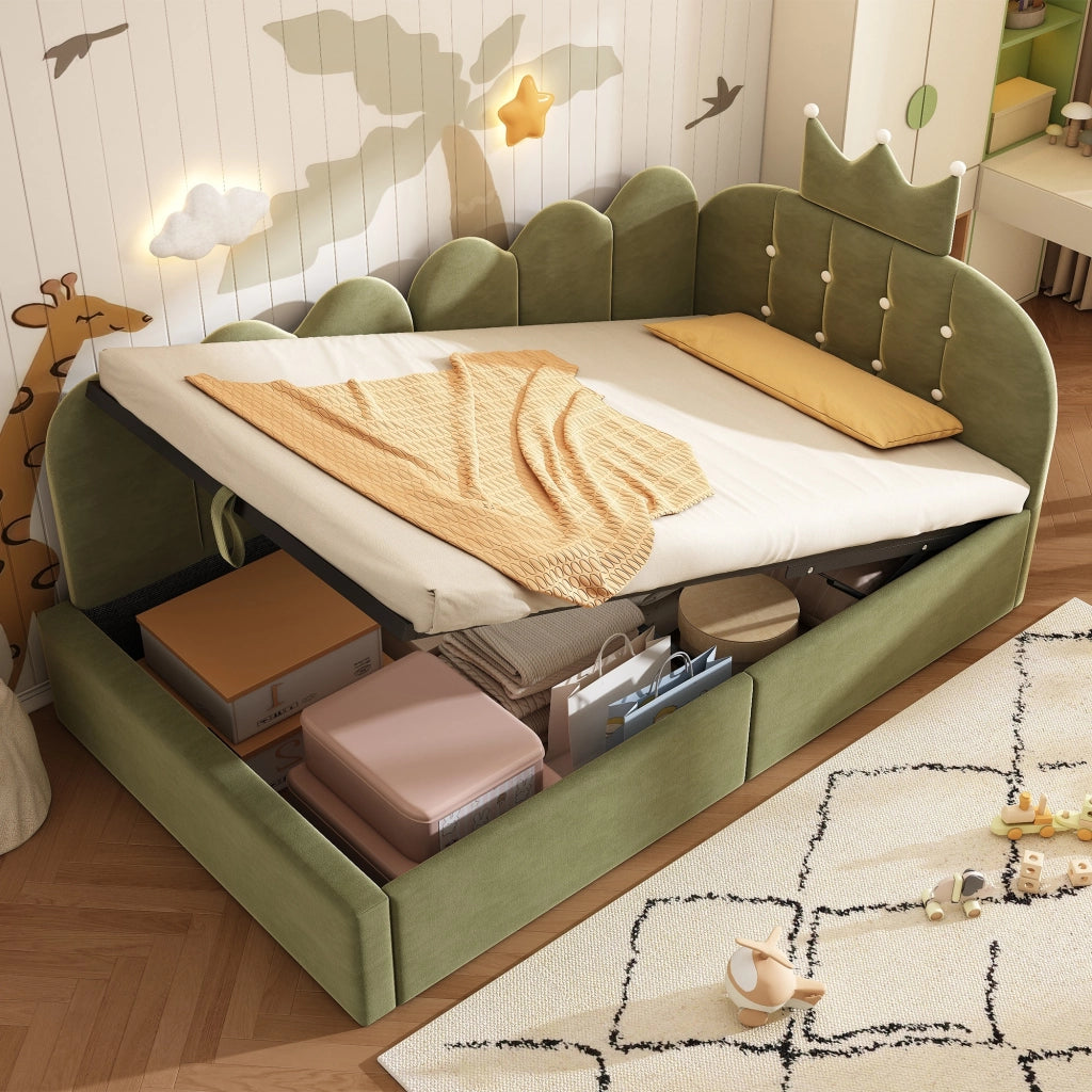 Letto per bambini 90x200 cm, divano letto, contenitore idraulico, testiera a corona, rivestimento in velluto, verde