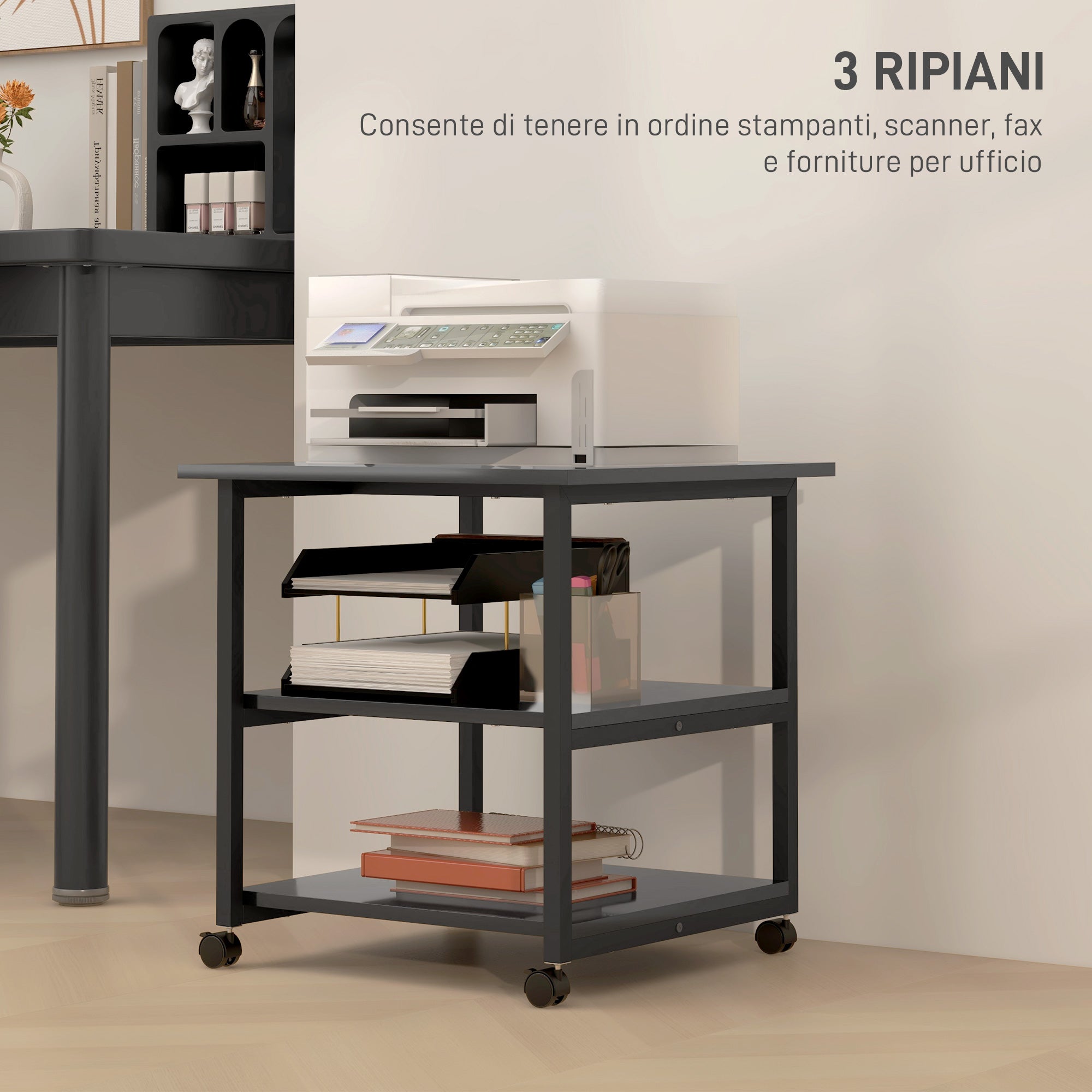 Carrello Porta Stampante a 3 Ripiani 50x50x52,5 cm con 4 Ruote in Legno e Acciaio Nero