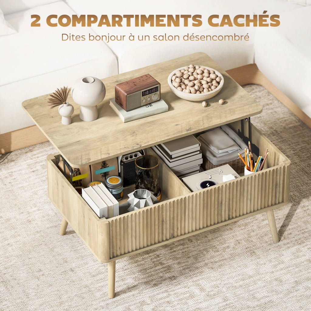 Tavolino da salotto con ripiano sollevabile e scomparti nascosti ¨C zephmum ¨C 91x56x43 cm, effetto quercia, gambe in pino