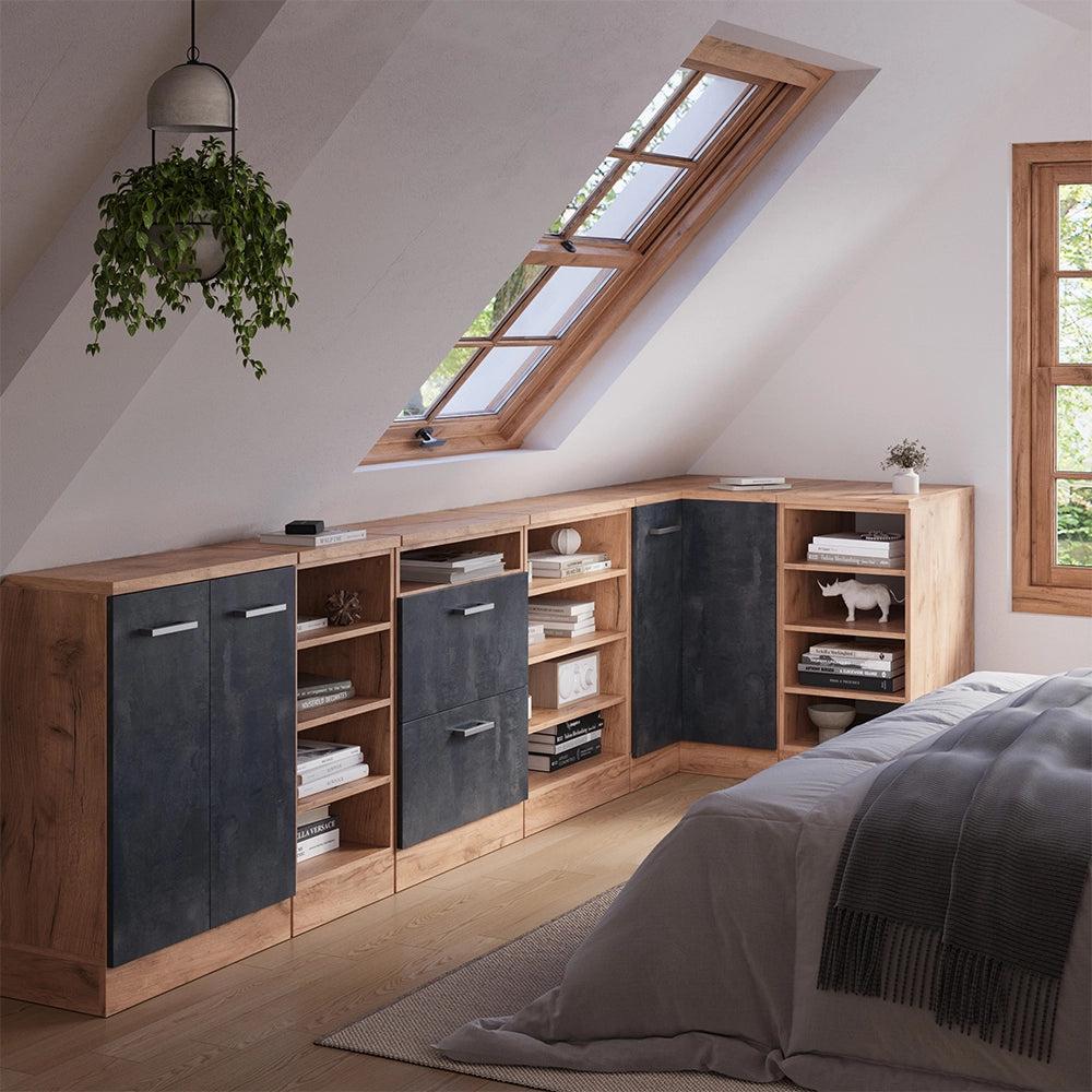 Mobile cucina angolare per sottotetto R-Line Calce nera/Rovere dorato 75.6 cm con 1 porta, carcassa dell’armadio profondità 60 cm Vicco