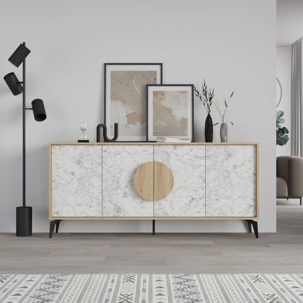 Madia 4 ante Gora180 colore bianco effetto marmo carrara e rovere 180x35,6x82