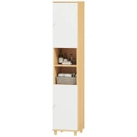 Colonna Bagno con 2 Armadietti e Ripiani Aperti, Mensole Interne Regolabili, 30x30x166 cm, Bianco e Legno