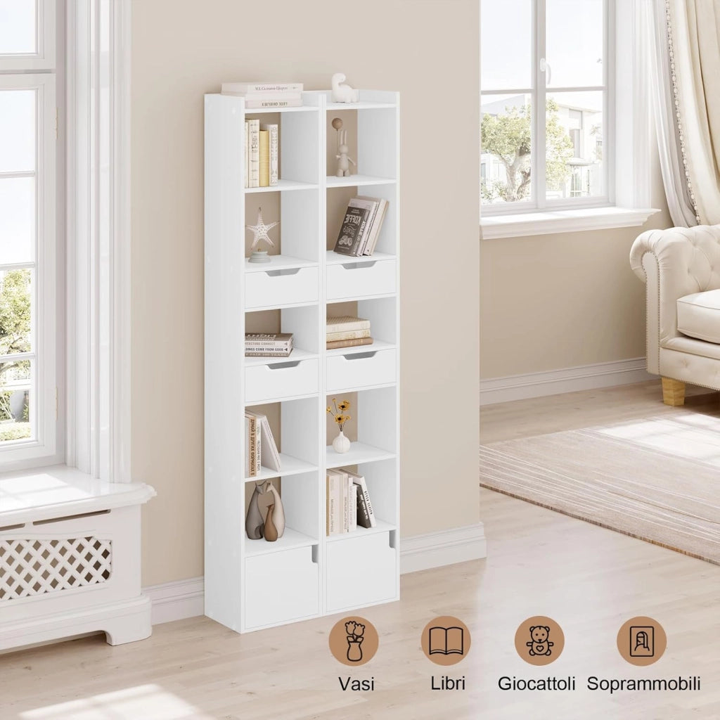 Libreria Verticale Autoportante, Scaffale Salvaspazio, Libreria Stretta e Alta, con 2 Cassetti, 6 Ripiani Aperti e 1 Scomparto con Anta, in Legno, Bianca, SK042ws