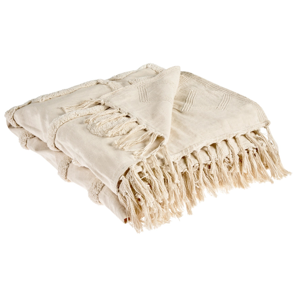 Coperta Beige Cotone 220 x 240 cm Grande Coperta Letto Lancio Ciuffo Stile Boho