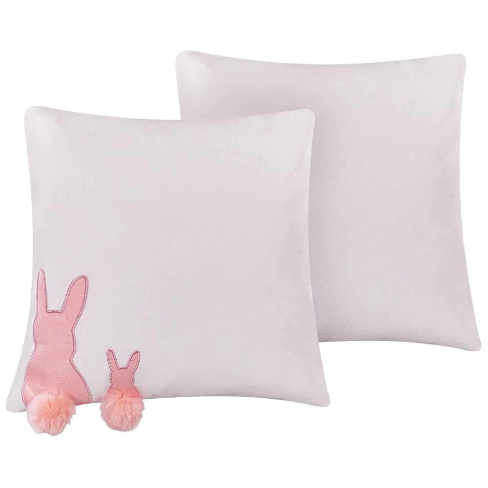 Set di 2 cuscini decorativi bianco con cotone Rosa 45 x 45 cm Coniglio Ricamo nappe Code Cuscini decorativi Soggiorno Coniglio Pasquale