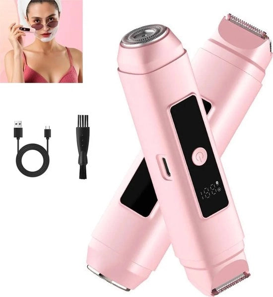 Scheerappareto elettrico 2 in 1 per donne con display a LED e lama doppia per il taglio del viso e delle gambe.