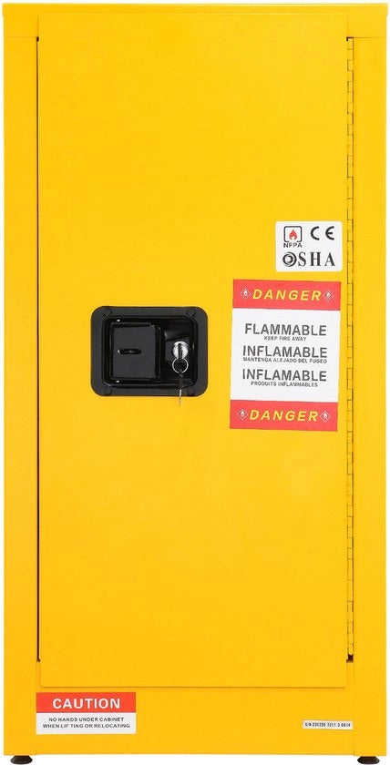 Cassa di sicurezza per liquidi infiammabili, 16 gal, acciaio frecciatrice, 46 x 46 x 90 cm, sicura da esplosione, con 2 tavole regolabili, 1 porta, per uso industriale commerciale, giallo