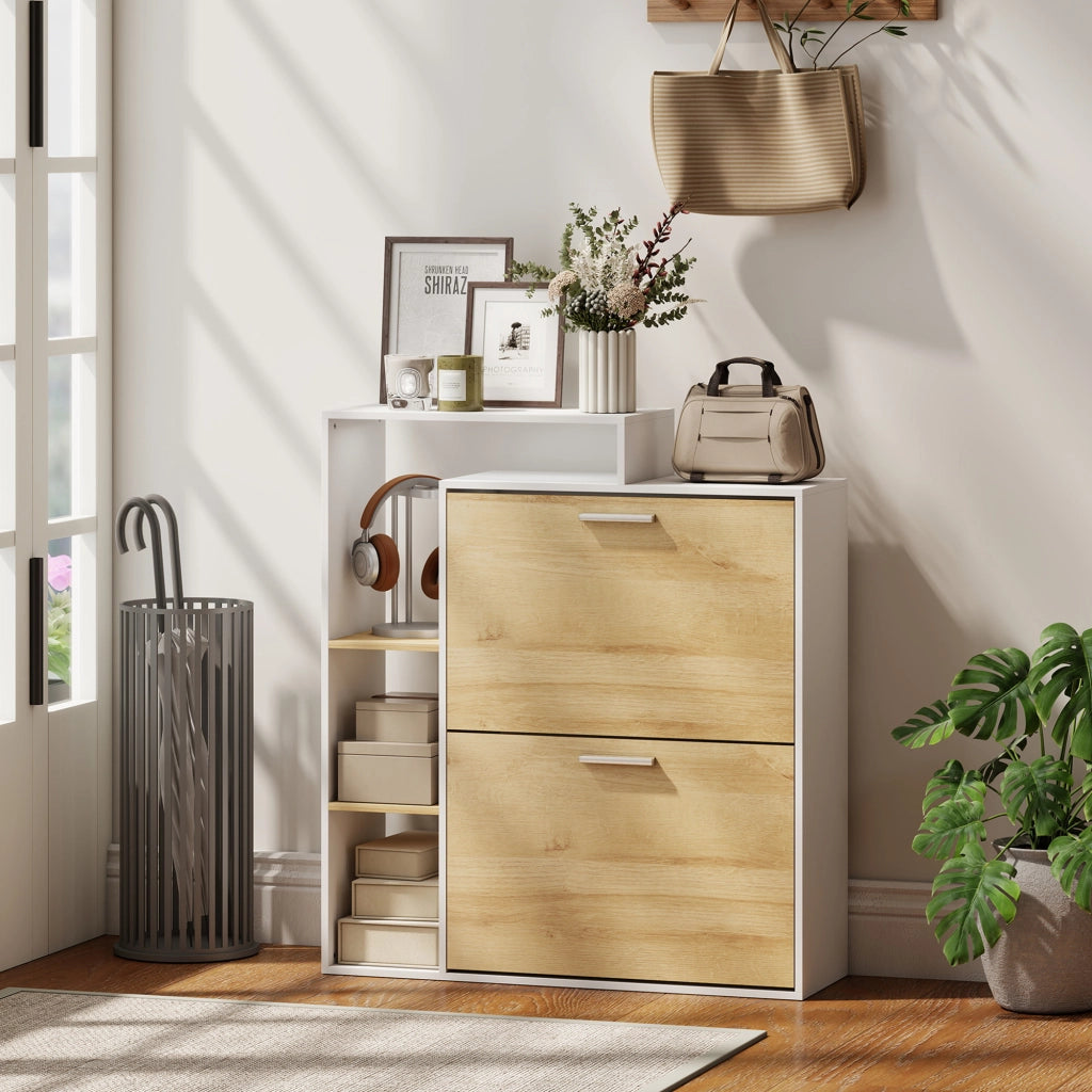 Mobile Portascarpe con Cassetti e Ripiani ¨C zephmum ¨C Bianco e Legno Naturale