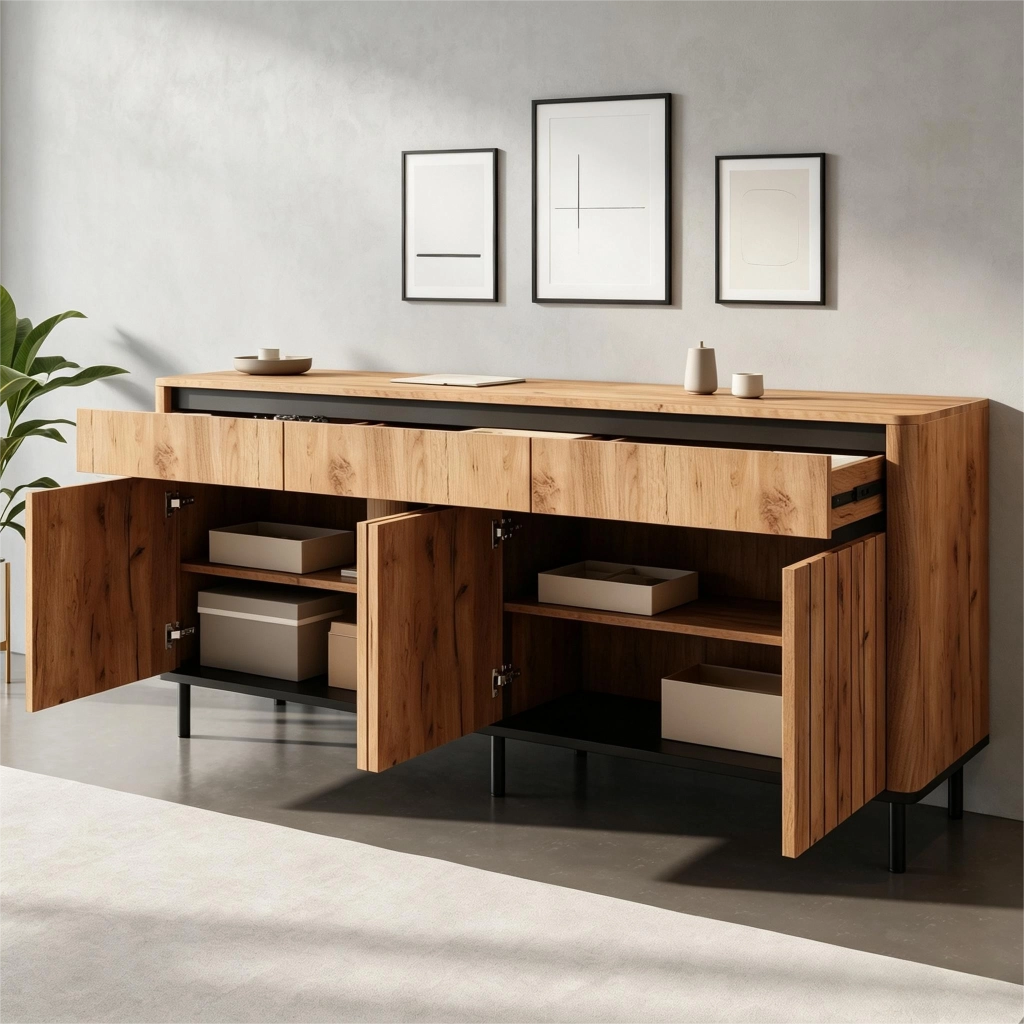 Credenza e madia con 3 cassetti e 3 ante a lamelle, per soggiorno e ingresso, in MDF naturale 160 × 40 × 73 cm