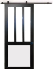 Porta scorrevole nera per officina e finestra con pannelli bianchi H204 x L83 + guida a rulli nera e 2 gusci neri