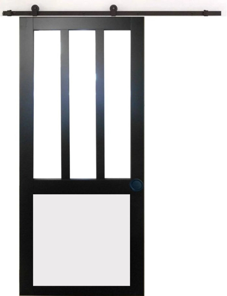 Porta scorrevole nera per officina e finestra con pannelli bianchi H204 x L83 + guida a rulli nera e 2 gusci neri