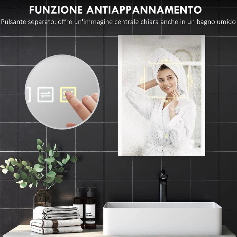 SPECCHIO DA BAGNO CON LUCE LED A 3 COLORI E FUNZIONE MEMORY, IN VETRO TEMPERATO, 70X50X3 CM, ARGENTO