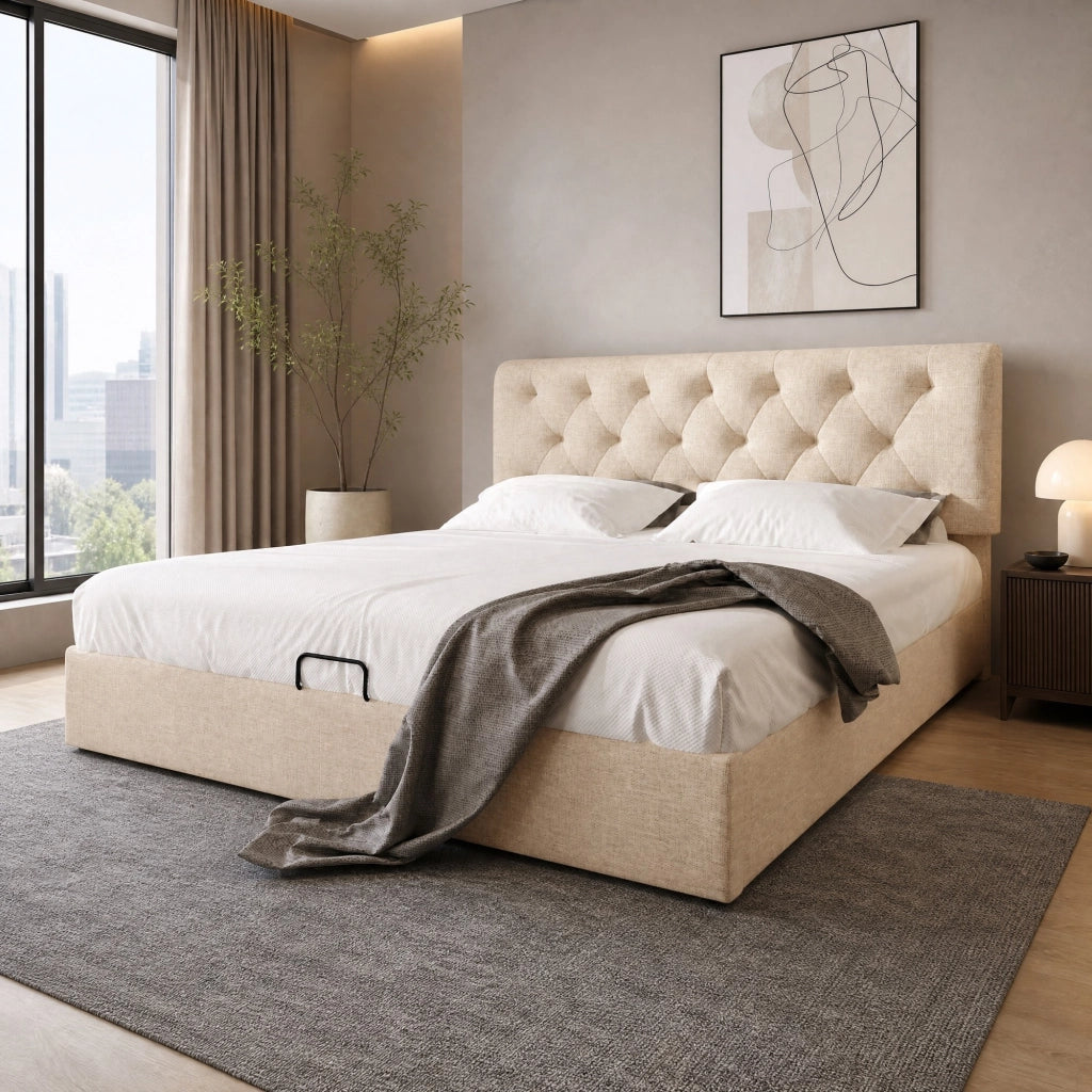 Letto matrimoniale imbottito 160x200 cm con contenitore; testiera regolabile e materasso; naturale