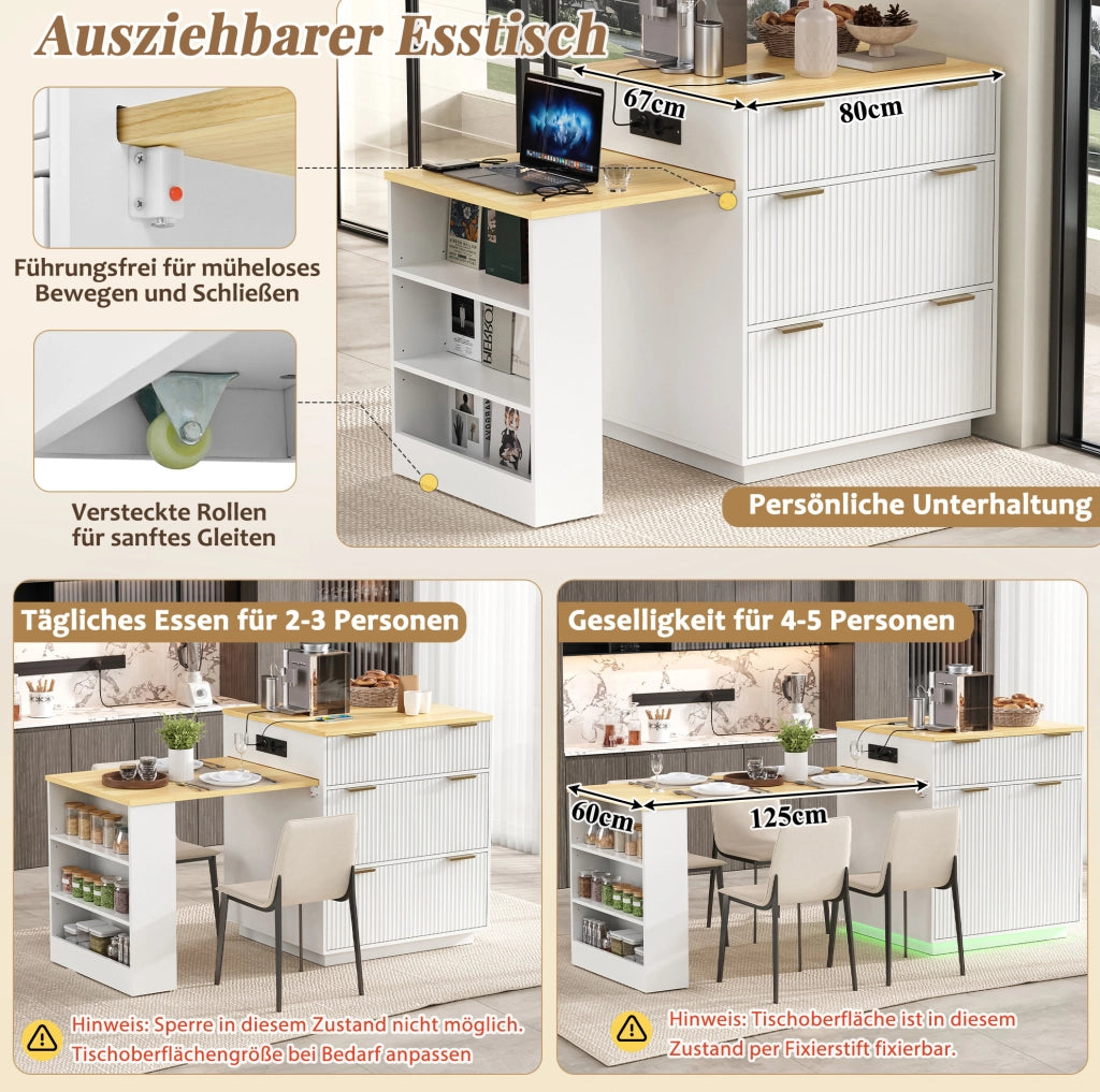 Isola cucina con tavolo estraibile, LED e prese USB, bianca