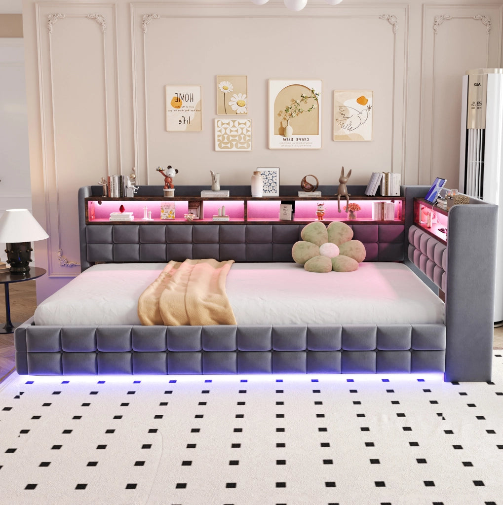 Letto imbottito multifunzione 90x200 cm con contenitore; LED; USB e presa; grigio