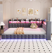 Letto imbottito multifunzione 90x200 cm con contenitore; LED; USB e presa; grigio