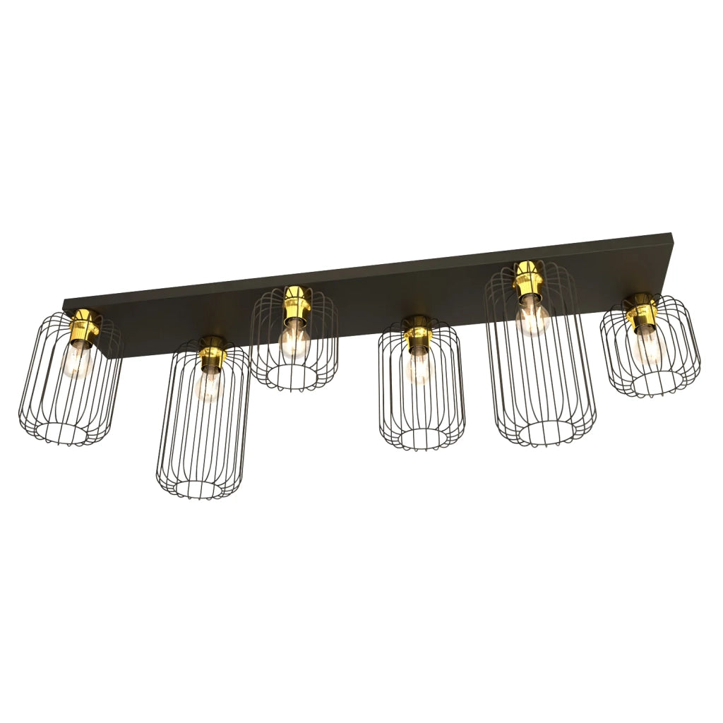 Plafonriera Minimal Industrial Vulcano 6 Luci Lineari Nera E Oro