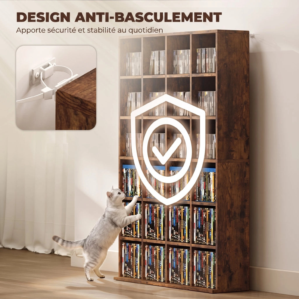 Meuble de Rangement 456 CDs / 336 DVDs, Étagère Multimédia, 24 Compartiments et 16 Étagères Ajustables, Marron