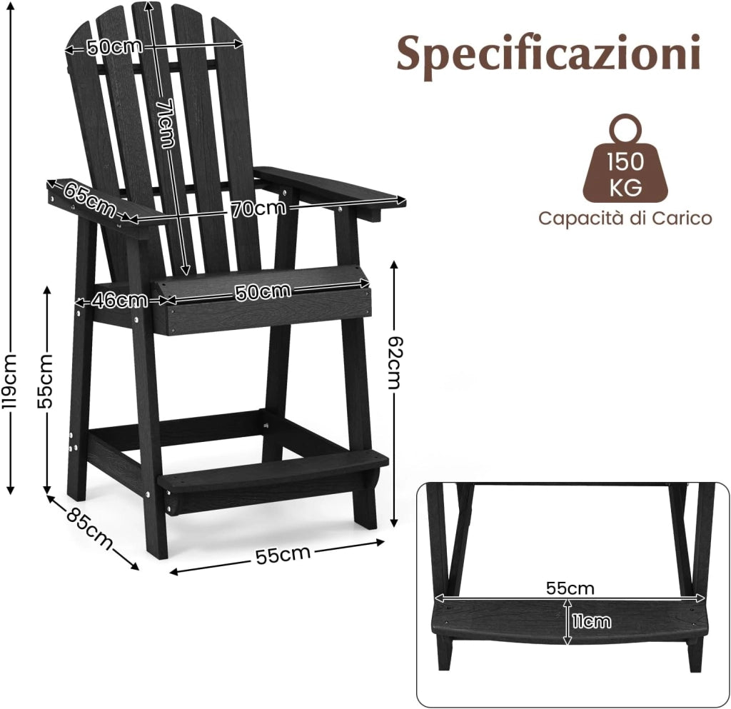 Sedia da Bar per Esterni, Sedia in HDPE con Braccioli, Sedia da Giardino con Poggiapiedi, Sedia con Schienale Alto per Giardino, Bordo Piscina, 70 x 85 x 119 cm (Nero)