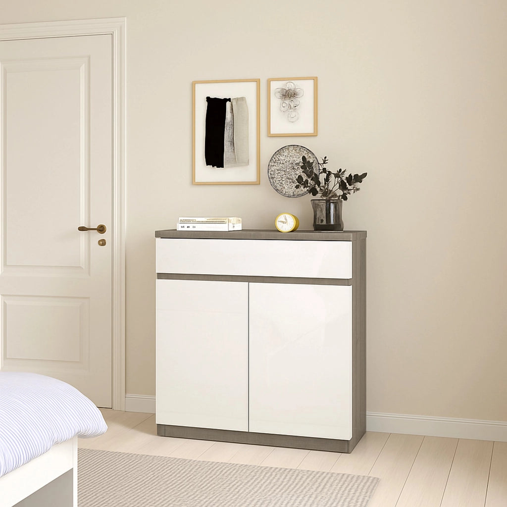 Credenza Genziana, Buffet da soggiorno, Madia da salotto, Dispensa da cucina, 80x40 h100 cm, Cemento e Bianco lucido