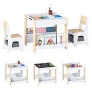 Set tavolo e sedie per bambini per bambini con piano reversibile, Set tavolo scaffali e cassetti per disegno Legno naturale-Tavoli e sedie