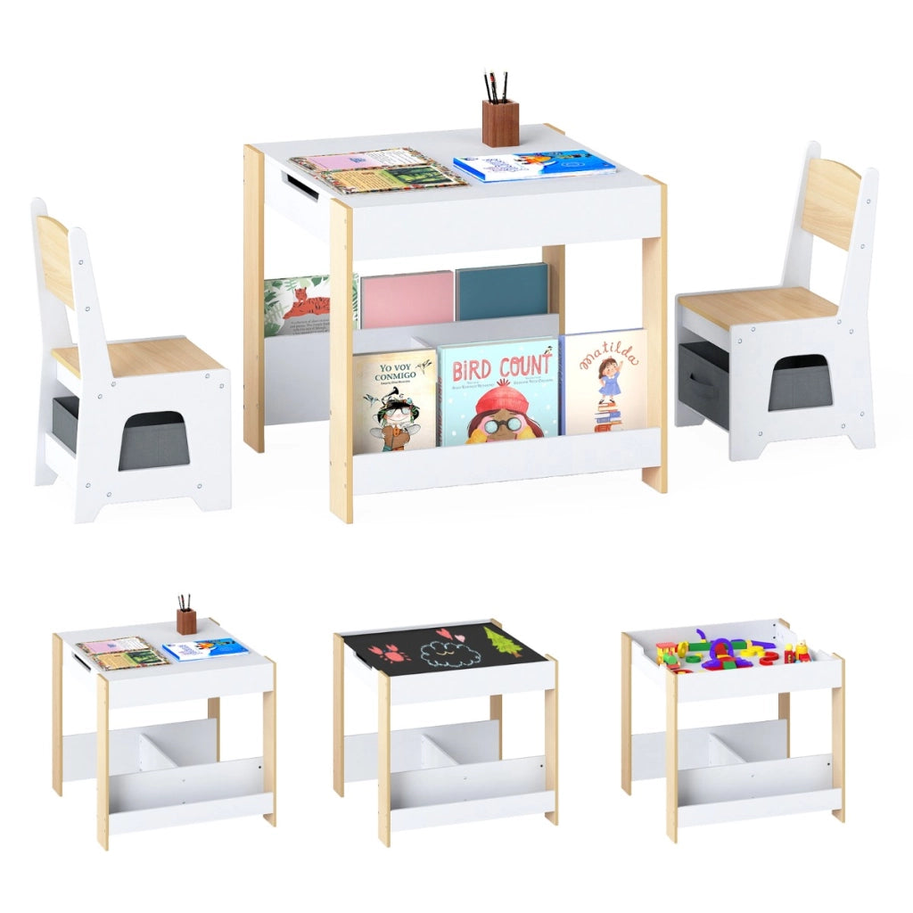 Set tavolo e sedie per bambini per bambini con piano reversibile, Set tavolo scaffali e cassetti per disegno Legno naturale-Tavoli e sedie